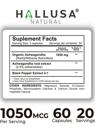 Hallusa Natural Ashwagandha + Black Pepper - Ashwagandha Supplements 1050 mg - Stress Support - Immune Support - Non GMO - 60 Capsules