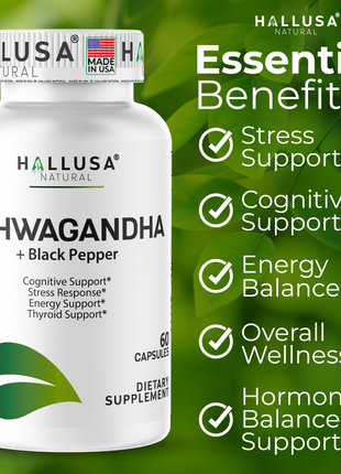 Hallusa Natural Ashwagandha + Black Pepper - Ashwagandha Supplements 1050 mg - Stress Support - Immune Support - Non GMO - 60 Capsules