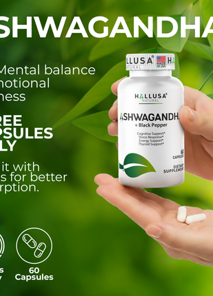 Hallusa Natural Ashwagandha + Black Pepper - Ashwagandha Supplements 1050 mg - Stress Support - Immune Support - Non GMO - 60 Capsules