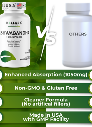 Hallusa Natural Ashwagandha + Black Pepper - Ashwagandha Supplements 1050 mg - Stress Support - Immune Support - Non GMO - 60 Capsules