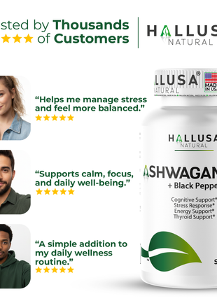 Hallusa Natural Ashwagandha + Black Pepper - Ashwagandha Supplements 1050 mg - Stress Support - Immune Support - Non GMO - 60 Capsules