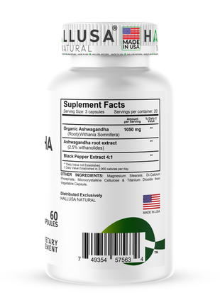Hallusa Natural Ashwagandha + Black Pepper - Ashwagandha Supplements 1050 mg - Stress Support - Immune Support - Non GMO - 60 Capsules
