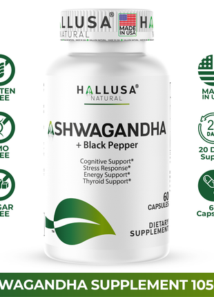 Hallusa Natural Ashwagandha + Black Pepper - Ashwagandha Supplements 1050 mg - Stress Support - Immune Support - Non GMO - 60 Capsules