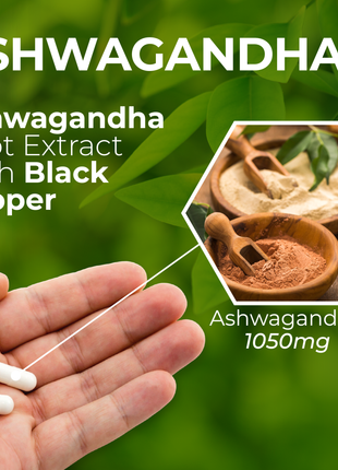 Hallusa Natural Ashwagandha + Black Pepper - Ashwagandha Supplements 1050 mg - Stress Support - Immune Support - Non GMO - 60 Capsules