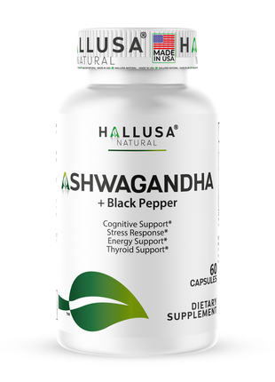 Hallusa Natural Ashwagandha + Black Pepper - Ashwagandha Supplements 1050 mg - Stress Support - Immune Support - Non GMO - 60 Capsules