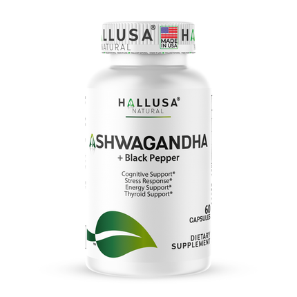 Hallusa Natural Ashwagandha + Black Pepper - Ashwagandha Supplements 1050 mg - Stress Support - Immune Support - Non GMO - 60 Capsules