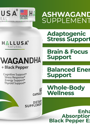 Hallusa Natural Ashwagandha + Black Pepper - Ashwagandha Supplements 1050 mg - Stress Support - Immune Support - Non GMO - 60 Capsules