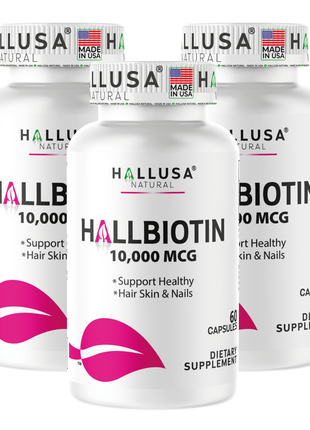 HallBiotin - Biotin 10000mcg - Hair Skin and Nails Vitamins - Hair Growth Vitamins for Women - 60 Capsules - Hallusa Natural
