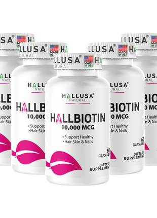 HallBiotin - Biotin 10000mcg - Hair Skin and Nails Vitamins - Hair Growth Vitamins for Women - 60 Capsules - Hallusa Natural