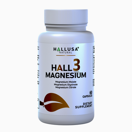 HALL3 MAGNESIUM x 60 Capsules – Triple Magnesium Blend: Malate, Glycinate & Citrate – Dietary Supplement for Muscle & Nerve Function – Hallusa Natural