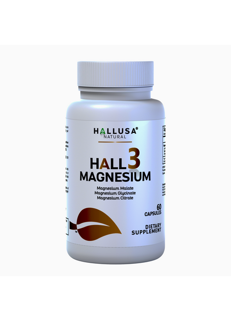 HALL3 MAGNESIUM x 60 Capsules – Triple Magnesium Blend: Malate, Glycinate & Citrate – Dietary Supplement for Muscle & Nerve Function – Hallusa Natural