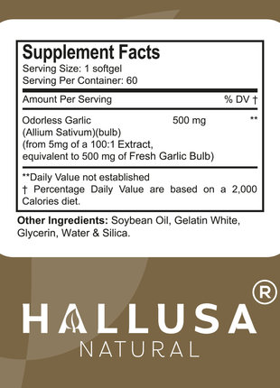 Hallusa Natural - Garlic Odorless capsules 500mg | Max Strength Allium Sativum Softgels for Cholesterol & Cardiovascular Health | Immune Support | 60 Count