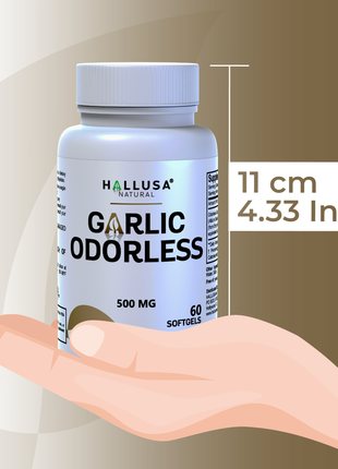 Hallusa Natural - Garlic Odorless capsules 500mg | Max Strength Allium Sativum Softgels for Cholesterol & Cardiovascular Health | Immune Support | 60 Count