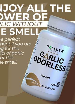 Hallusa Natural - Garlic Odorless capsules 500mg | Max Strength Allium Sativum Softgels for Cholesterol & Cardiovascular Health | Immune Support | 60 Count