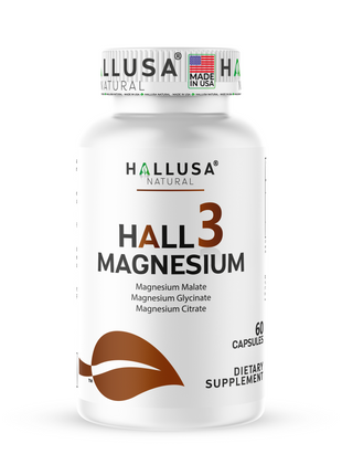 HALL3 MAGNESIUM x 60 Capsules – Triple Magnesium Blend: Malate, Glycinate & Citrate – Dietary Supplement for Muscle & Nerve Function – Hallusa Natural