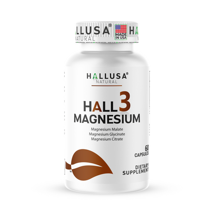 HALL3 MAGNESIUM x 60 Capsules – Triple Magnesium Blend: Malate, Glycinate & Citrate – Dietary Supplement for Muscle & Nerve Function – Hallusa Natural