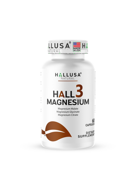 HALL3 MAGNESIUM x 60 Capsules – Triple Magnesium Blend: Malate, Glycinate & Citrate – Dietary Supplement for Muscle & Nerve Function – Hallusa Natural