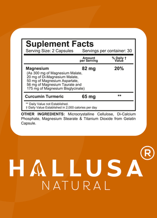 HALL4 MAGNESIUM Complex x 60 Cap Multi-Magnesium Malate, Aspartate, Taurate, Bisglycinate & Curcumin Turmeric – Dietary Supplement Muscles & Nerves – Hallusa Natural