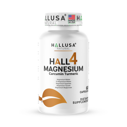 HALL4 MAGNESIUM Complex x 60 Cap Multi-Magnesium Malate, Aspartate, Taurate, Bisglycinate & Curcumin Turmeric – Dietary Supplement Muscles & Nerves – Hallusa Natural