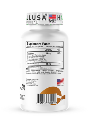 HALL4 MAGNESIUM Complex x 60 Cap Multi-Magnesium Malate, Aspartate, Taurate, Bisglycinate & Curcumin Turmeric – Dietary Supplement Muscles & Nerves – Hallusa Natural