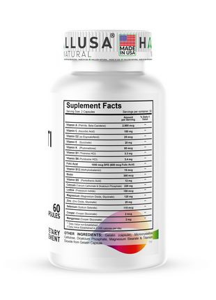 Hallusa Natural Womens Multivitamin Capsules 18+ Vitamins for Women & Minerals | Hair, Skin & Nails Support with Folic Acid, BIotin, Calcium, Zinc, Magnesium | 60 Capsules