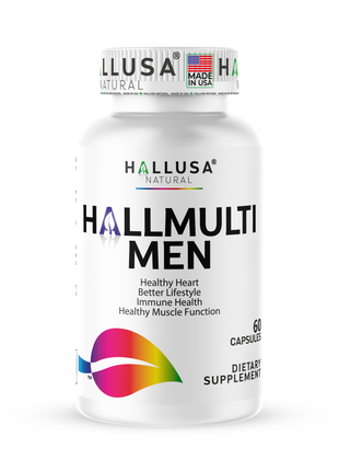 Hallusa Natural HallMulvit Men - Multivitamin for Men, Heart, Muscle & Immune Support + Biotin, Iron, Vitamin B12, Vitamin C, Vitamin E, Folate, Calcium, Magnesium, Zinc & More - 60 Capsules