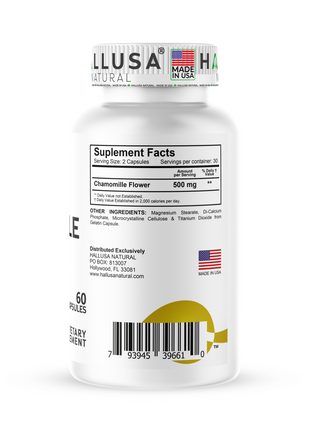 Hallusa Natural Chamomile Capsules 500mg | Herbal Sleep Aid & Stress Relief Supplement | Promotes Calmness, Relaxation & Restful Night Sleep | Non-GMO | 60 Vegetarian Caps
