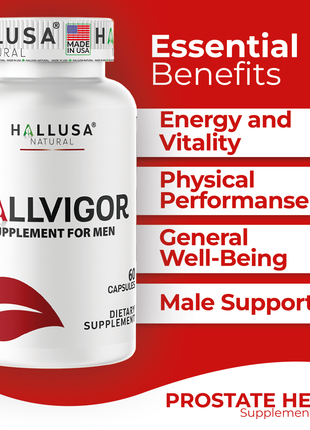 Hallusa Natural - HALLVIGOR - Men’s Daily Multivitamin – Korean Ginseng, Damiana, Saw Palmetto, Biotin, B Complex, Zinc, Royal Jelly – 60 Capsules
