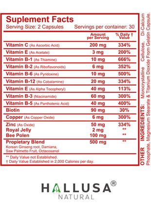 Hallusa Natural - HALLVIGOR - Men’s Daily Multivitamin – Korean Ginseng, Damiana, Saw Palmetto, Biotin, B Complex, Zinc, Royal Jelly – 60 Capsules