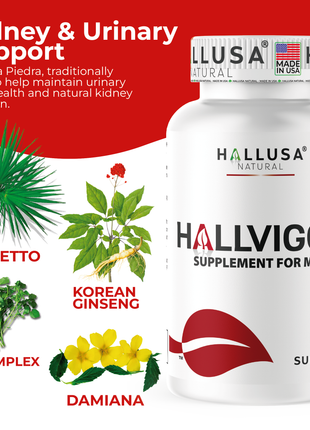 Hallusa Natural - HALLVIGOR - Men’s Daily Multivitamin – Korean Ginseng, Damiana, Saw Palmetto, Biotin, B Complex, Zinc, Royal Jelly – 60 Capsules