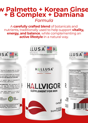 Hallusa Natural - HALLVIGOR - Men’s Daily Multivitamin – Korean Ginseng, Damiana, Saw Palmetto, Biotin, B Complex, Zinc, Royal Jelly – 60 Capsules