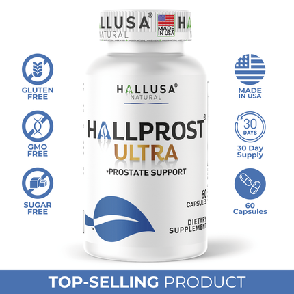 Hallusa Natural HALLPROST Ultra | Prostate Health Supplement for Men | Prostatitis - Inflamed prostate | Frequent Urination | Urinary Tract Function | Saw Palmetto, Lycopene & Pygeum Blend + Zinc, Vitamin E & Magnesium | 60 Capsules