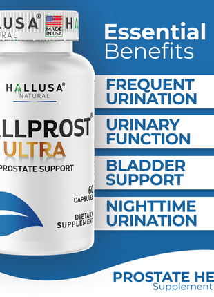 Hallusa Natural HALLPROST Ultra Prostate Health Supplement for Men, Frequent Urination, Saw Palmetto, Lycopene & Pygeum Blend + Zinc, Vitamin E & Magnesium, Urinary Tract Function, 60 Capsules