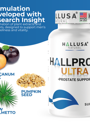 Hallusa Natural HALLPROST Ultra Prostate Health Supplement for Men, Frequent Urination, Saw Palmetto, Lycopene & Pygeum Blend + Zinc, Vitamin E & Magnesium, Urinary Tract Function, 60 Capsules