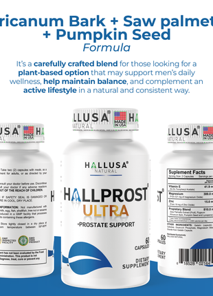 Hallusa Natural HALLPROST Ultra Prostate Health Supplement for Men, Frequent Urination, Saw Palmetto, Lycopene & Pygeum Blend + Zinc, Vitamin E & Magnesium, Urinary Tract Function, 60 Capsules