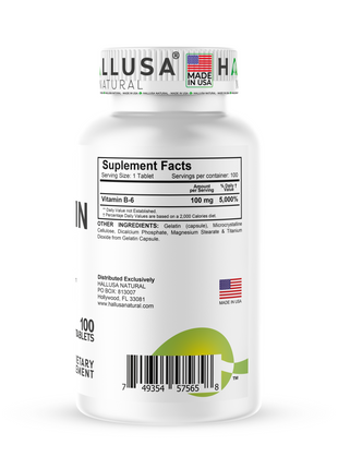 HallVitamin B6 - Vitamin B6 100 mg Essential Energy Supplement & 100 Tablets 100 servings HALLUSA NATURAL