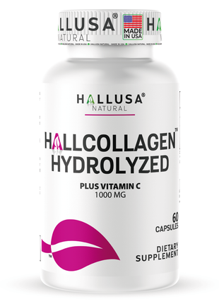 Hallusa Natural - Hydrolyzed Collagen capsules 1000mg Plus Vitamin C - Collagen Pills - Skin, Wrinkles & Anti-Aging - Hair & Nail Strengthening - Joint Pain - 60 Capsules