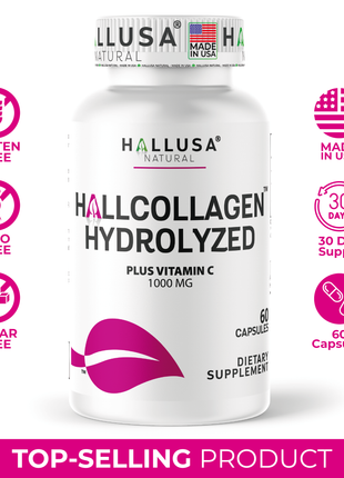 Hallusa Natural - Hydrolyzed Collagen capsules 1000mg Plus Vitamin C - Collagen Pills - Skin, Wrinkles & Anti-Aging - Hair & Nail Strengthening - Joint Pain - 60 Capsules