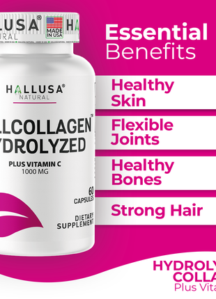 Hallusa Natural - Hydrolyzed Collagen capsules 1000mg Plus Vitamin C - Collagen Pills - Skin, Wrinkles & Anti-Aging - Hair & Nail Strengthening - Joint Pain - 60 Capsules