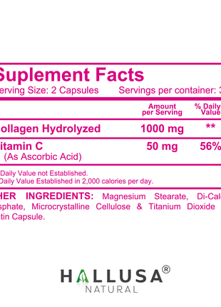 Hallusa Natural - Hydrolyzed Collagen capsules 1000mg Plus Vitamin C - Collagen Pills - Skin, Wrinkles & Anti-Aging - Hair & Nail Strengthening - Joint Pain - 60 Capsules