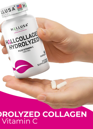 Hallusa Natural - Hydrolyzed Collagen capsules 1000mg Plus Vitamin C - Collagen Pills - Skin, Wrinkles & Anti-Aging - Hair & Nail Strengthening - Joint Pain - 60 Capsules