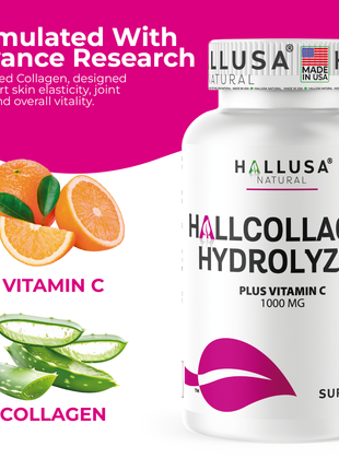 Hallusa Natural - Hydrolyzed Collagen capsules 1000mg Plus Vitamin C - Collagen Pills - Skin, Wrinkles & Anti-Aging - Hair & Nail Strengthening - Joint Pain - 60 Capsules