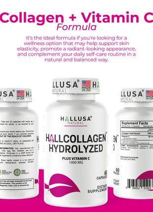 Hallusa Natural - Hydrolyzed Collagen capsules 1000mg Plus Vitamin C - Collagen Pills - Skin, Wrinkles & Anti-Aging - Hair & Nail Strengthening - Joint Pain - 60 Capsules