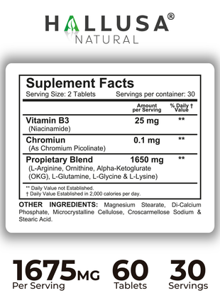 Hallusa Natural Hall HGH Complex - Amino Acid Complex - Muscle & Workout Support - Energy & Recovery Formula - L-Arginine, L-Ornithine, L-Glutamine - 60 Tablets - 30 Day Supply