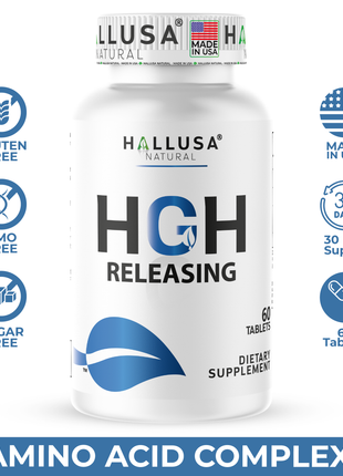 Hallusa Natural Hall HGH Complex - Amino Acid Complex - Muscle & Workout Support - Energy & Recovery Formula - L-Arginine, L-Ornithine, L-Glutamine - 60 Tablets - 30 Day Supply