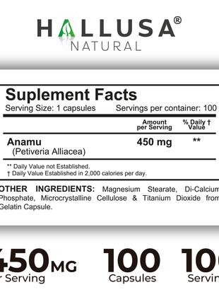 Anamu Root  450 mg - Anamu Capsules Organic - Supplement Anamu Root Herb - Immune System & Energy - Petiveria Allicea - 100 Capsules Hallusa Natural