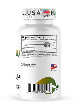 Anamu Root  450 mg - Anamu Capsules Organic - Supplement Anamu Root Herb - Immune System & Energy - Petiveria Allicea - 100 Capsules Hallusa Natural