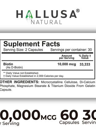 HallBiotin - Biotin 10000mcg - Hair Skin and Nails Vitamins - Hair Growth Vitamins for Women - 60 Capsules - Hallusa Natural