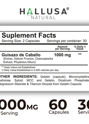 HallChancapiedra Ultra 1000 mg - Extract Chancapiedra and Guisazo de Caballo - Natural Supplement 60 capsules 30 servings vegan gluten free Non-GMO HALLUSA NATURAL
