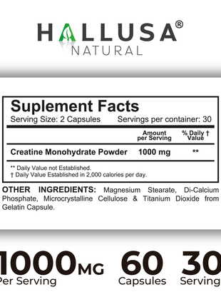 Hallusa Natural - Creatine Monohydrate capsules 1000mg - Muscle Endurance - Muscle Recovery - Muscle Mass - Exercise Supplement